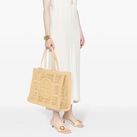 Authentic Tory Burch Womens Ella Large Natural Raffia Crochet Tote Bag - Picture 3 of 9